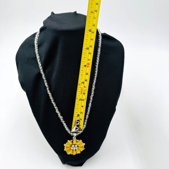 1990's Yellow Sunflower Pendant Necklace w/Clear Beads Shimmer Flaked Petals - Picture 11 of 13